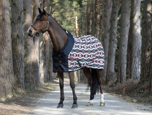 Horse wearing patterned cooler blanket in a wooded area.
