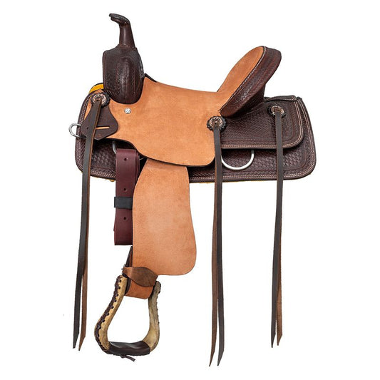 Brown and tan western saddle with leather stirrups and horn.