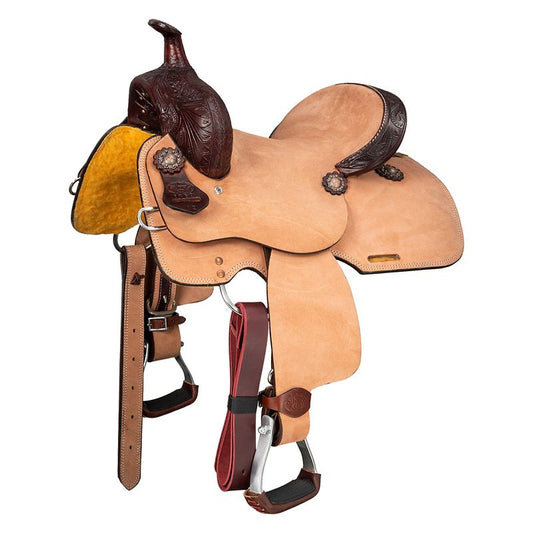 Brown and tan western saddle with intricate leather detailing.