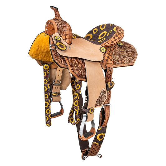 Sunflower-themed, leather Western saddle with intricate floral designs.