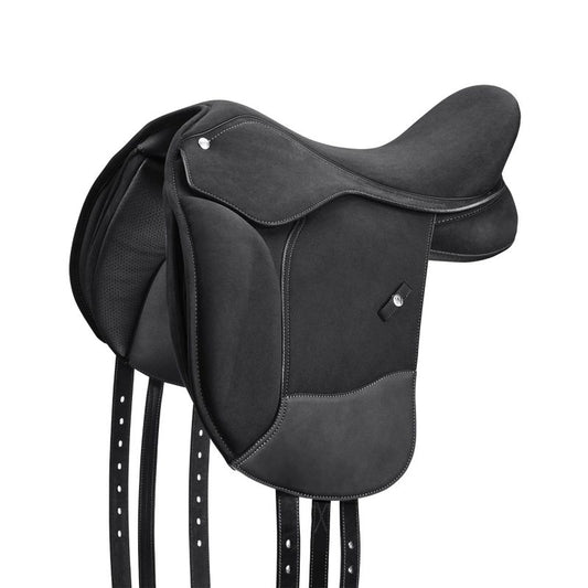 Black suede pony saddle with silver accents and straps.