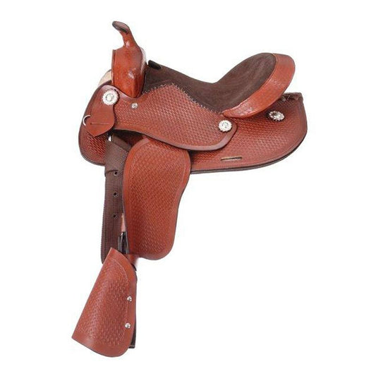 Brown leather pony saddle, detailed stitching, silver ornamentation.