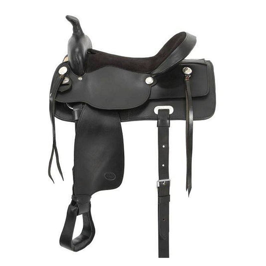 Black leather western saddle with stirrups and silver details.