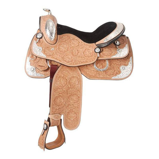 Tan leather and silver-accented, intricately designed western saddle.