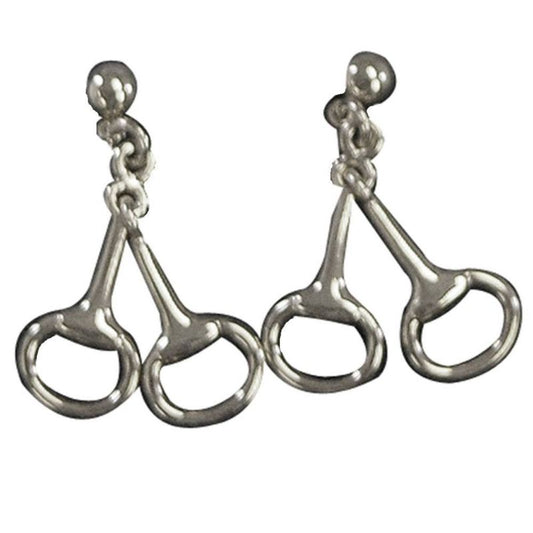 Silver snaffle bit earrings, horse themed jewelry, isolated on white background.