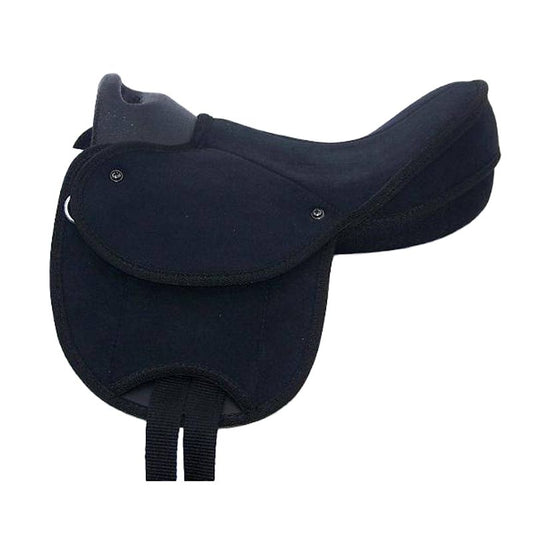 Black ergonomic pony saddle with minimalistic design and adjustable straps.