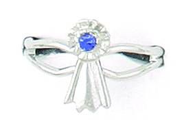 Silver horse-themed jewelry with blue gemstone and ribbon design.
