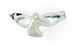 Silver horse themed jewelry piece resembling a miniature saddle.