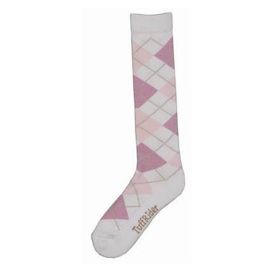 Tuffrider brand knee-high sock with pink and white argyle pattern.