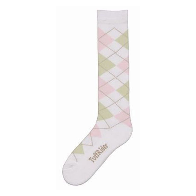 Tuffrider brand sock with pink and green argyle pattern on white.