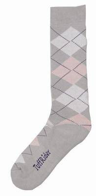 Tuffrider brand sock with gray and pink argyle pattern design.