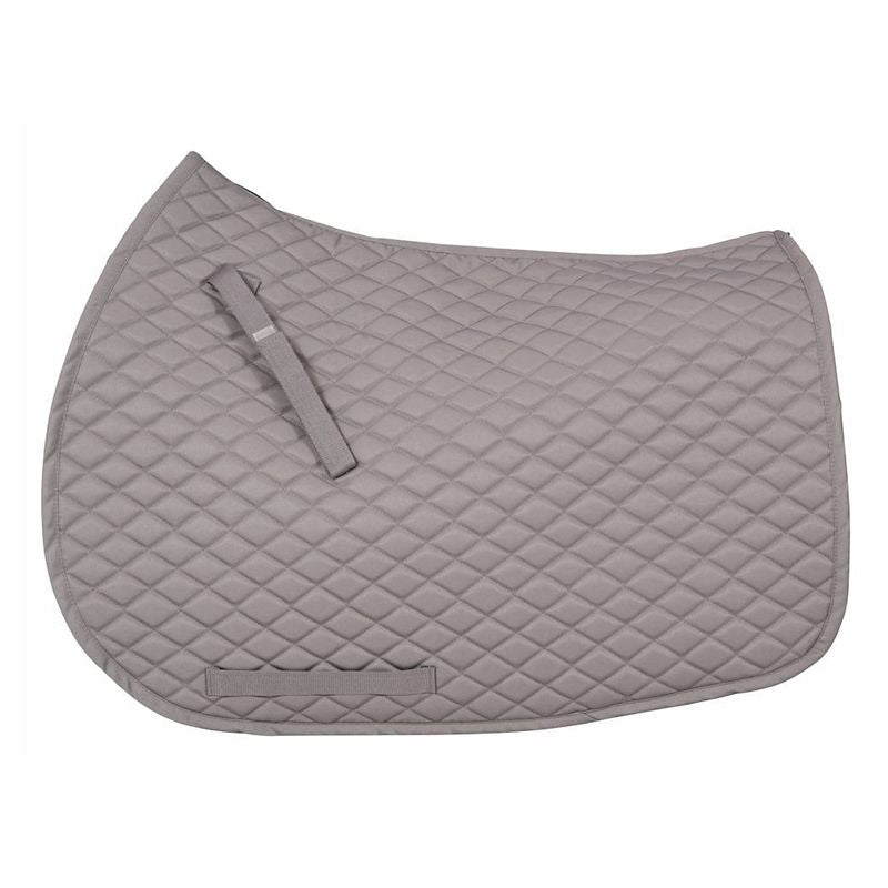 Alt: Tuffrider brand gray quilted horse saddle pad isolated on white.