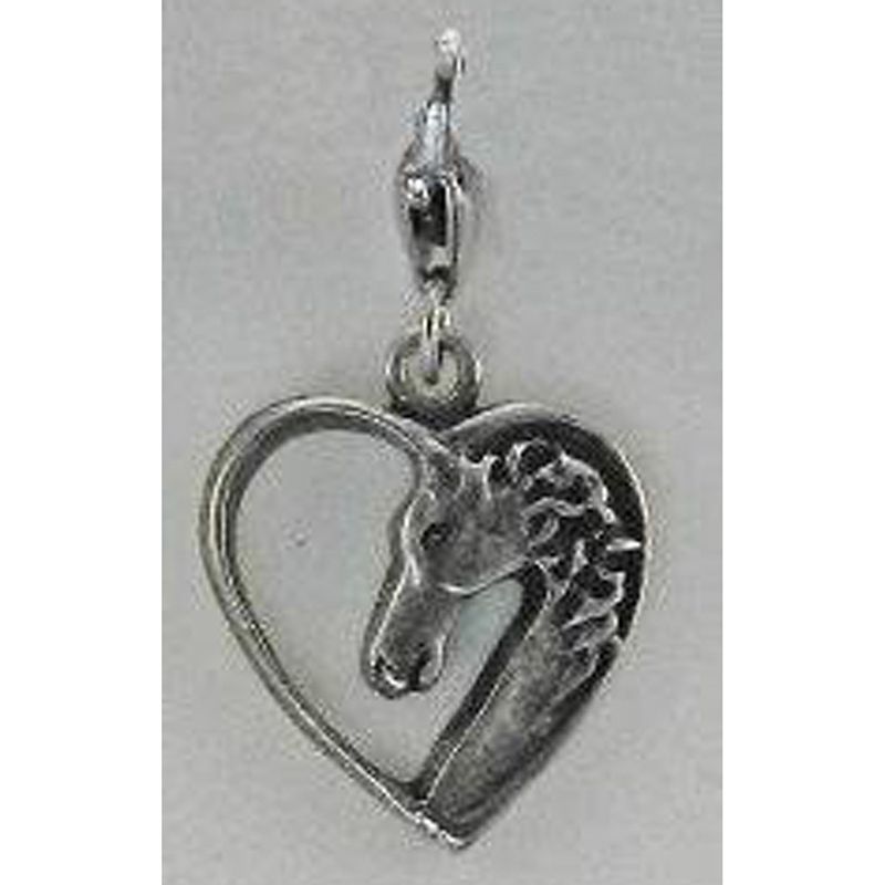 Silver horse head inside heart-shaped pendant, horse-themed jewelry.