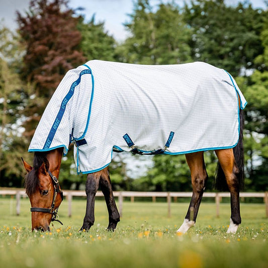 Horse covered with Horseware branded checkered fly sheet outdoors.