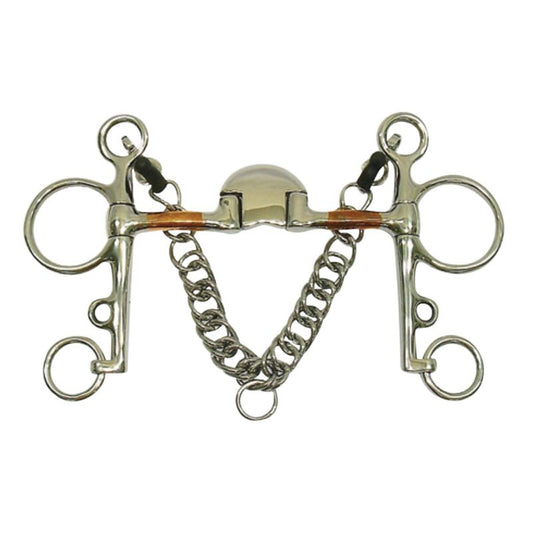 Silver pelham bit with chain and multiple rings.