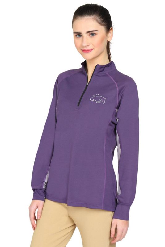 Woman modeling purple Tuffrider quarter zip pullover shirt.