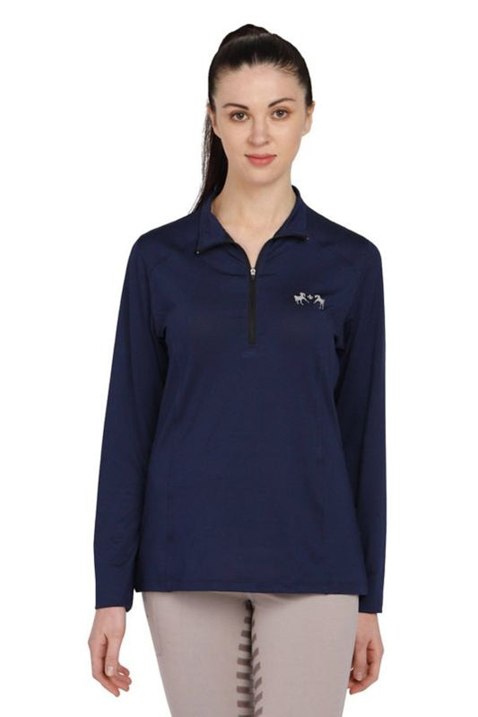 Woman in navy blue Tuffrider equestrian sport shirt, front view.