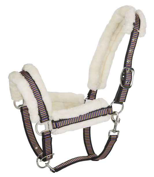 Tuffrider horse halter with fleece padding and striped pattern.
