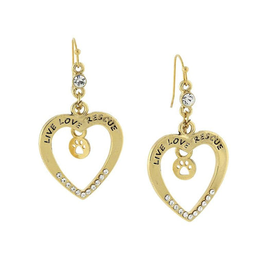 Gold-tone heart-shaped earrings with paw print, crystals, horse-themed jewelry.