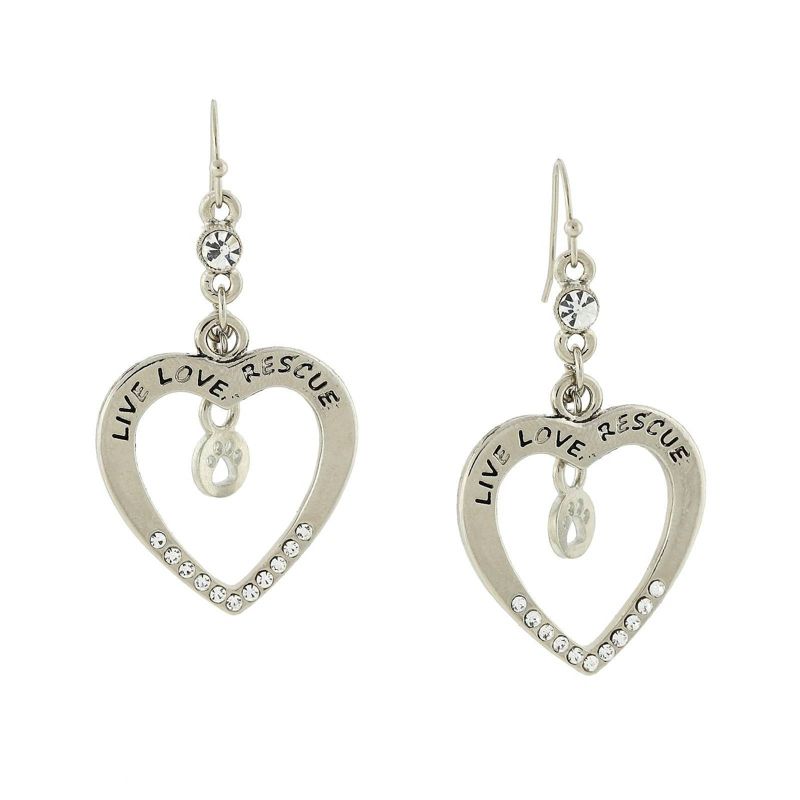 Silver heart-shaped earrings with "LIVE LOVE RESCUE" text, horse themed jewelry.