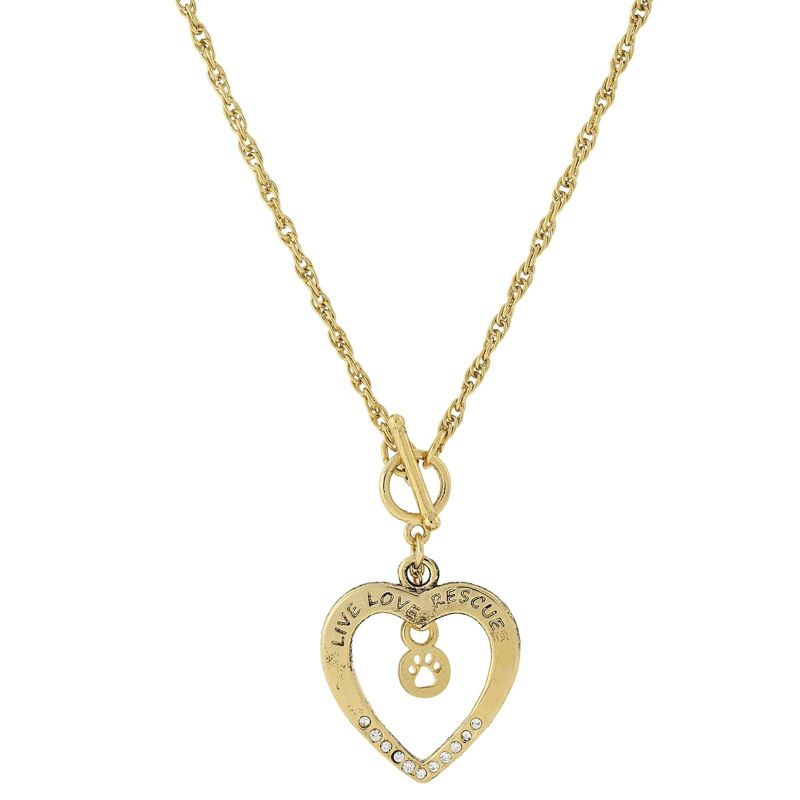 Gold-tone heart pendant necklace with horse themed jewelry on white background.
