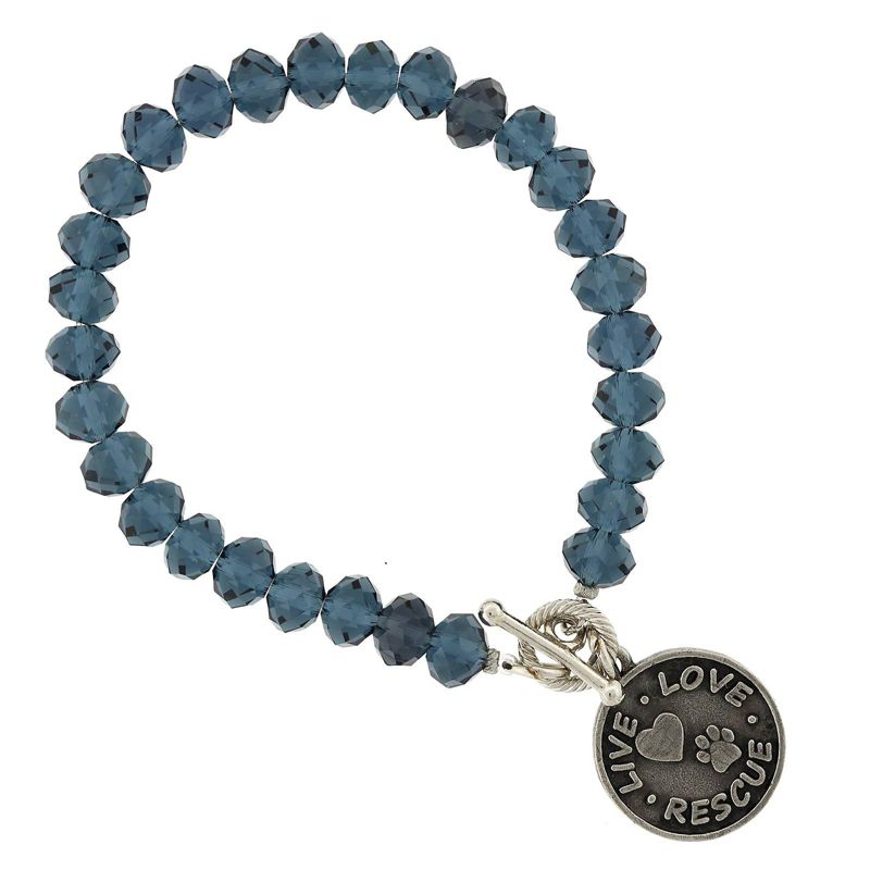 Blue beaded bracelet with "Live Love Rescue" silver charm attached.