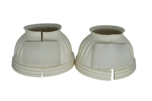 Pair of white Tuffrider horse bell boots on a white background.