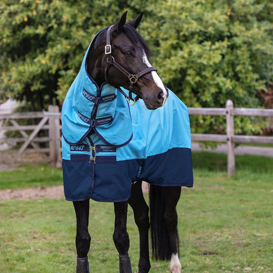 Horse dressed in a Horseware blanket standing in a paddock.