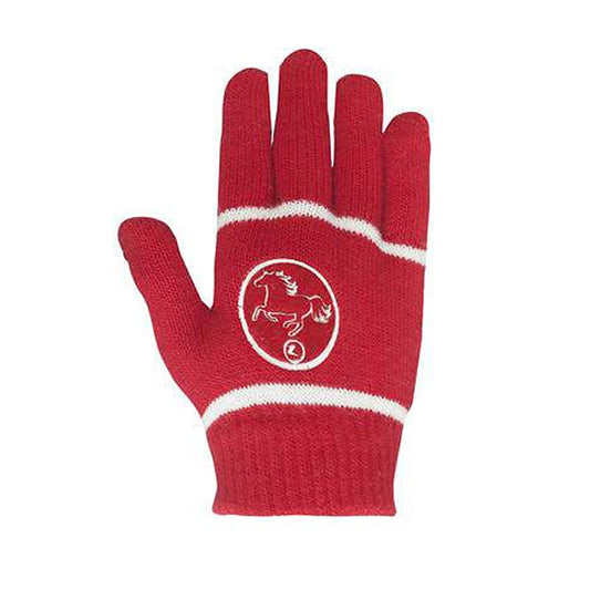 Red and white striped knit gloves with emblem on back.