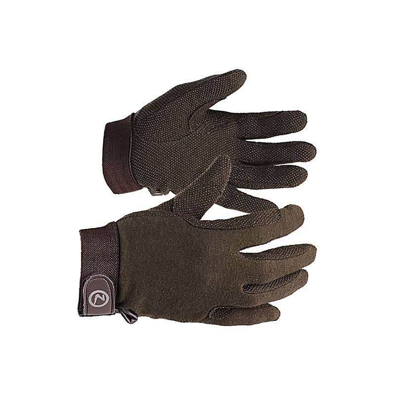 Pair of brown textured outdoor gloves on white background.