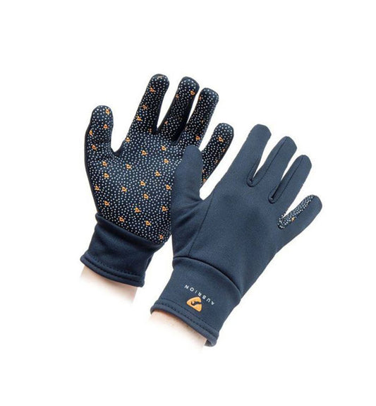 Pair of navy blue gardening gloves with orange dotted grip.