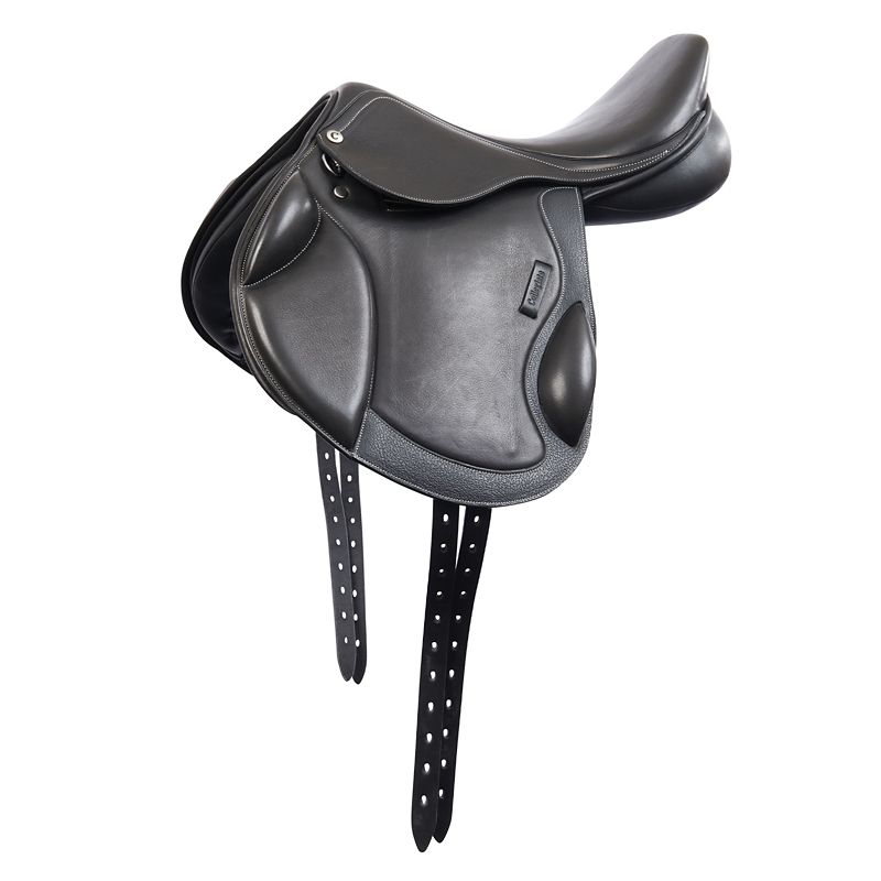 Black Collegiate brand leather horse saddle isolated on white background.
