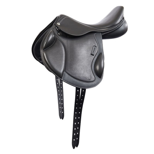 Collegiate brand black leather horse saddle isolated on white background.