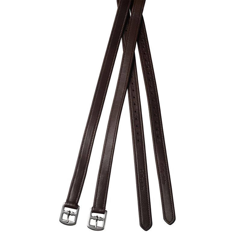 Collegiate brand brown leather stirrup straps on white background.