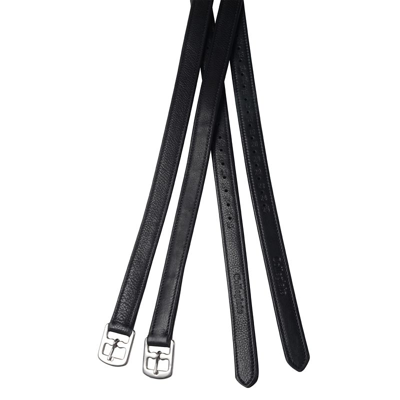 Collegiate brand black leather stirrup straps on white background.