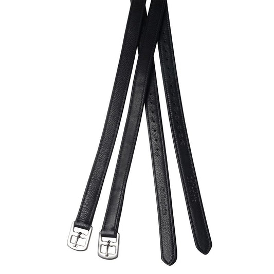 Alt text: Collegiate brand black leather horse riding stirrup straps.