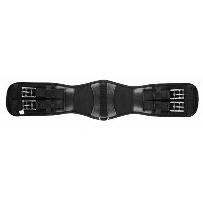 Collegiate brand black horse girth with roller buckles isolated.
