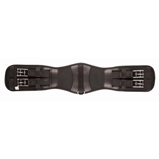 Alt text: Collegiate brand black horse girth with multiple buckles, isolated.