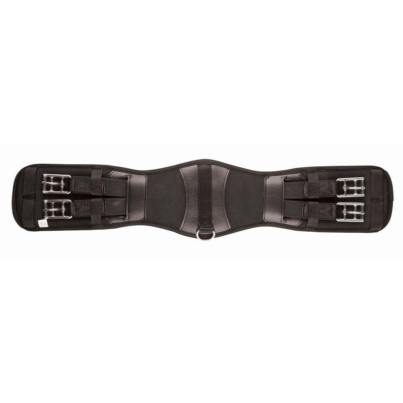 Alt text: Collegiate branded black horse girth with multiple buckles isolated.