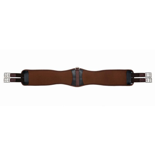 Collegiate brand brown elasticated horse girth with silver buckles.