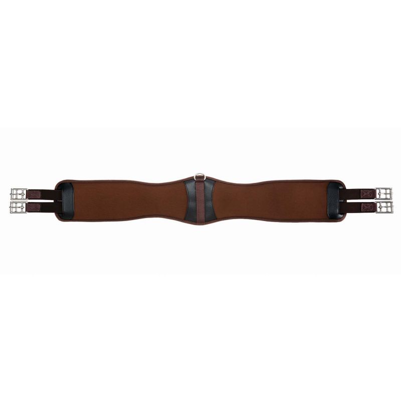 Collegiate brand brown elastic girth for horse riding equipment.