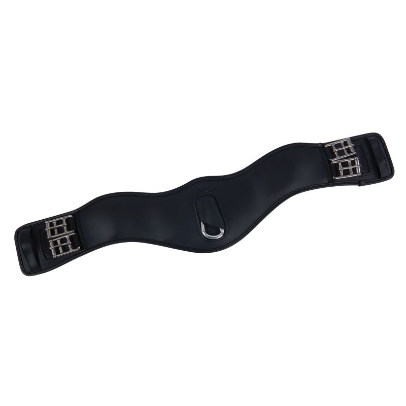 Collegiate brand black leather horse girth with metal buckles.