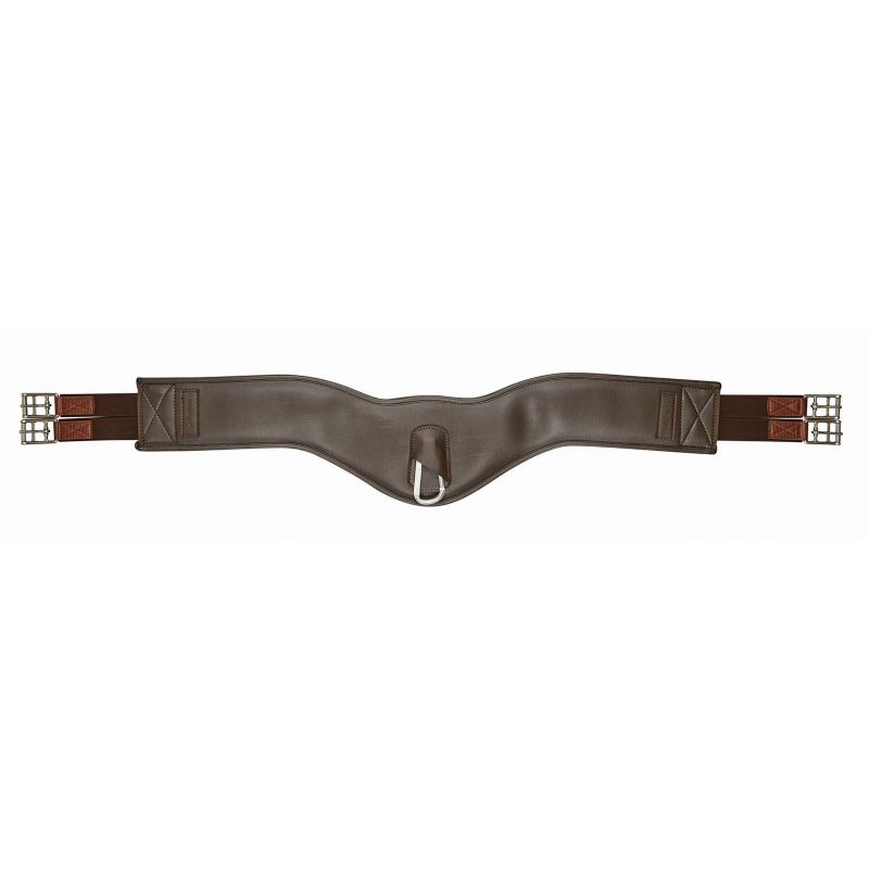 Collegiate brand brown leather girth for equestrian saddles on white background.