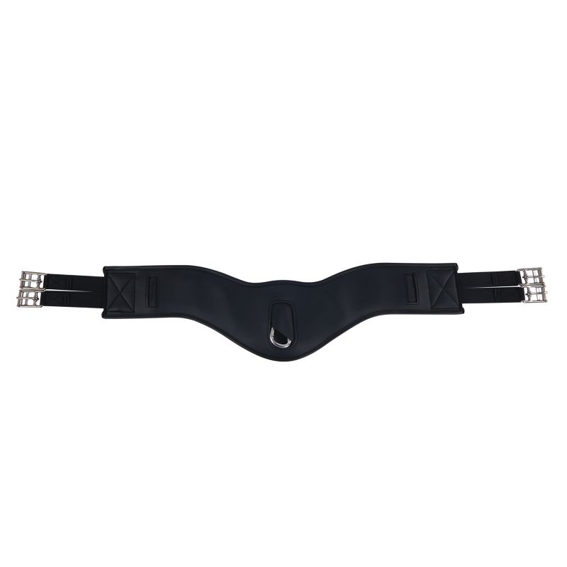 Collegiate brand black horse girth with silver buckles isolated on white.