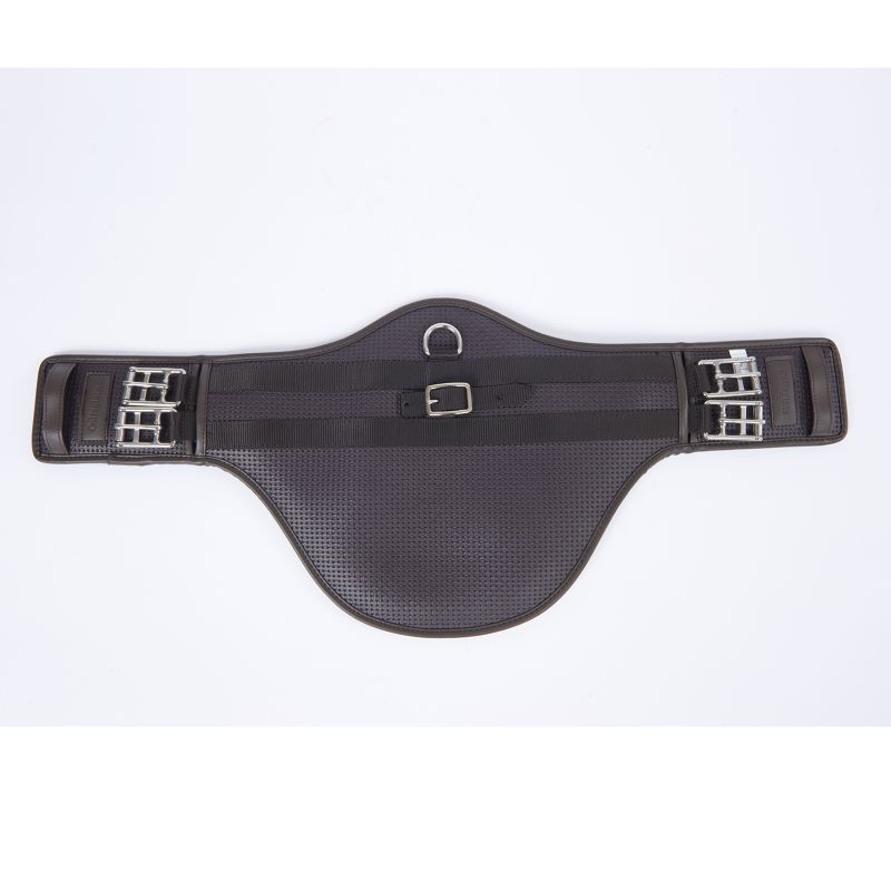 Collegiate brand black horse girth with buckle on white background.