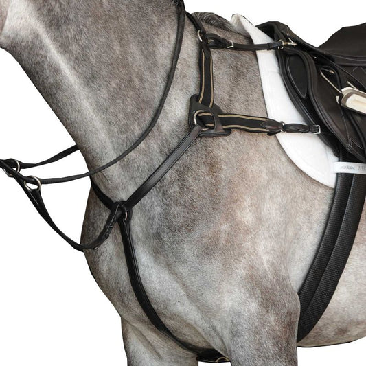 Collegiate brand horse tack on grey horse with saddle.