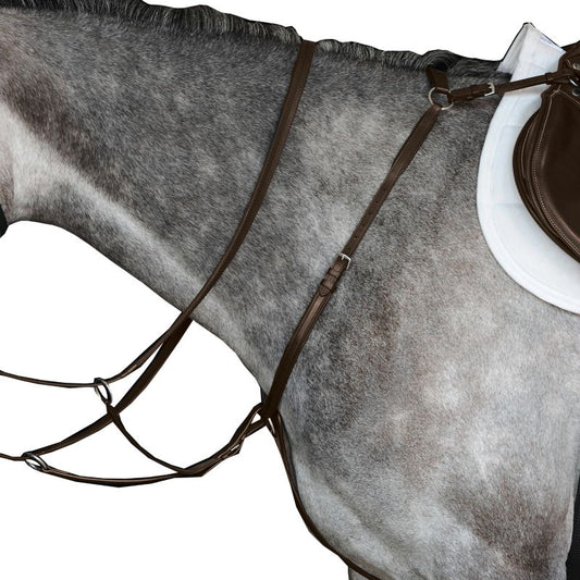 Collegiate brand horse bridle on gray horse with saddle pad.