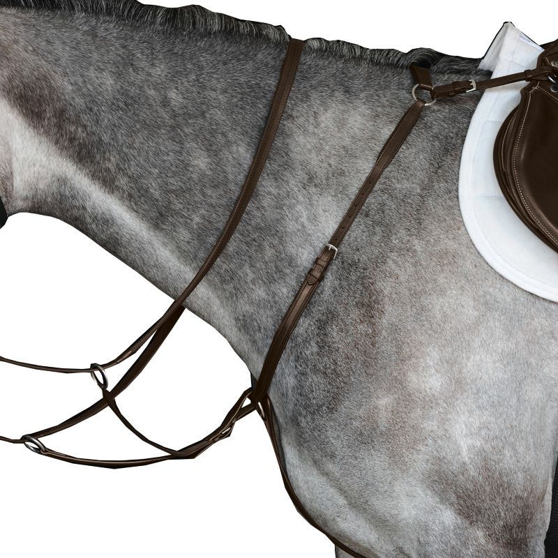 Alt: Close-up of Collegiate-branded horse tack on a gray horse.