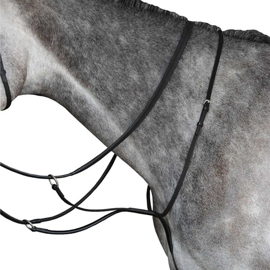 Close-up of Collegiate brand horse martingale on gray horse's neck.