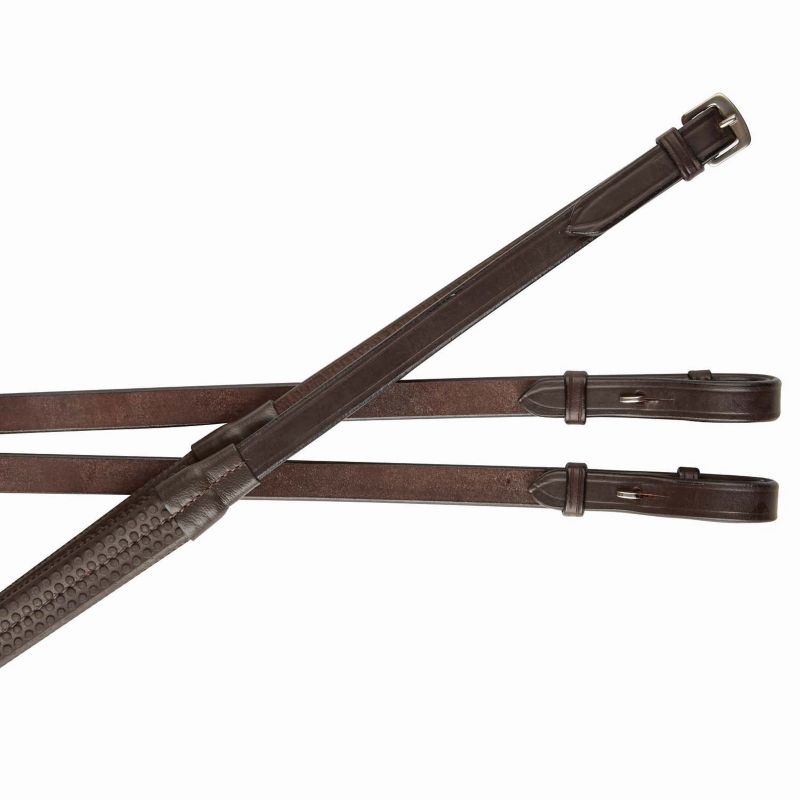 Collegiate brand brown leather horse reins isolated on white background.